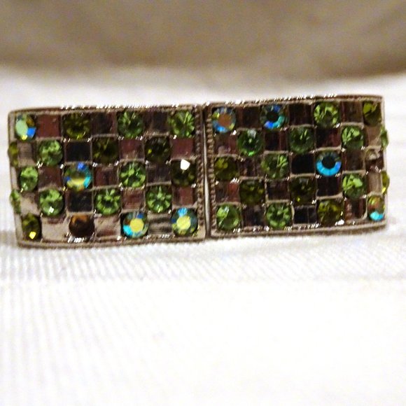 Neiman Marcus Crystal Aurora Borealis Crystal Rhinestones Damier Clip Earrings - Picture 5 of 7